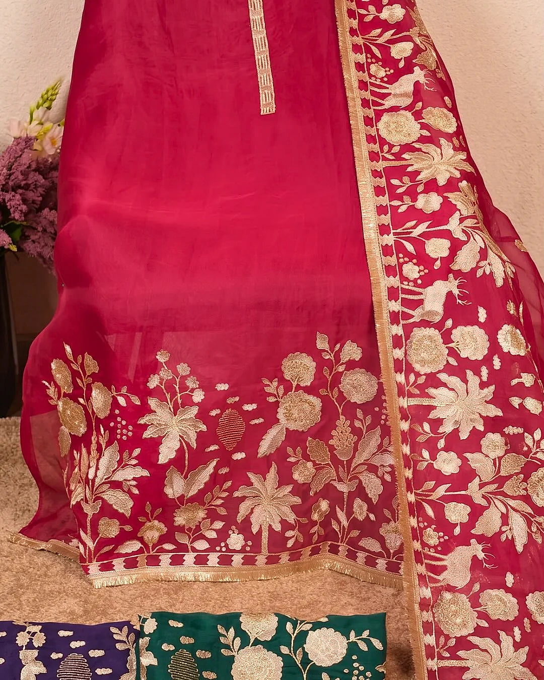 Deep Pink Ivory Floral Border Suit Design