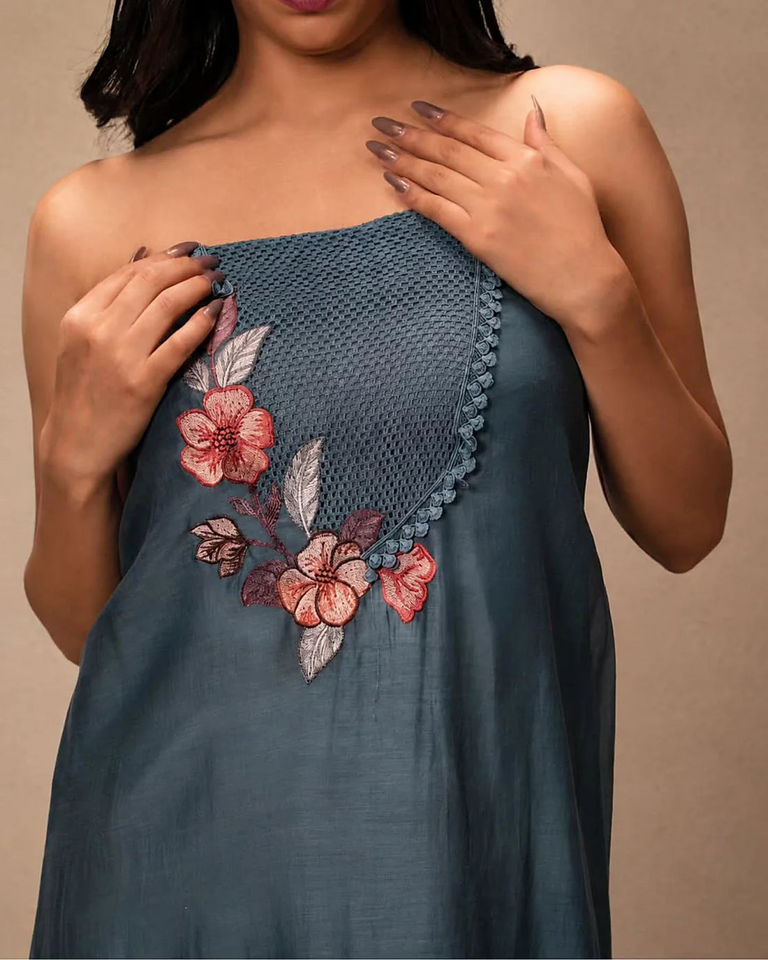 Slate Blue Floral Neckline Suit Design