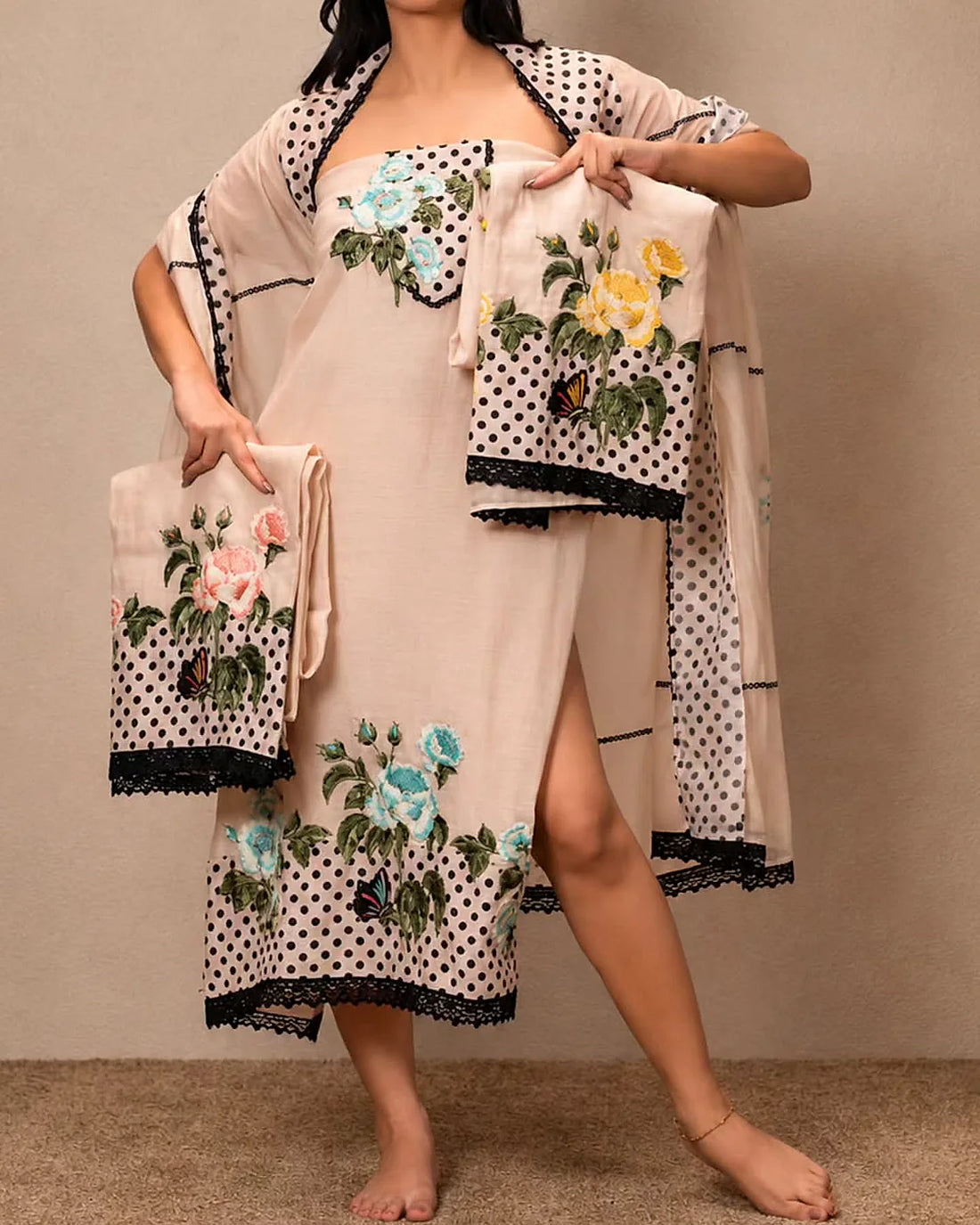 Ivory and Black Dotted Floral Suit Design