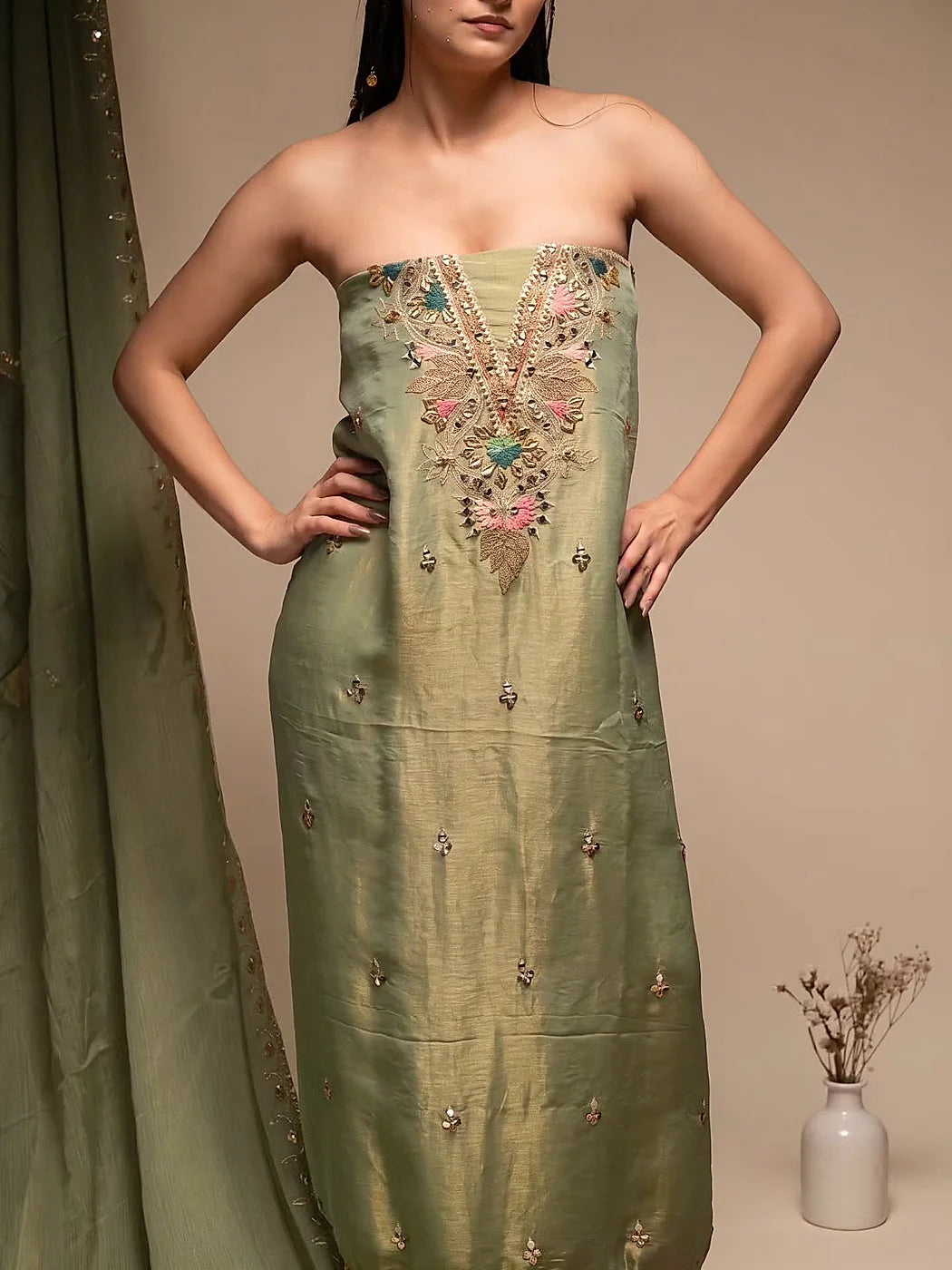 Sage Floral V-Neck Panel Suit Design