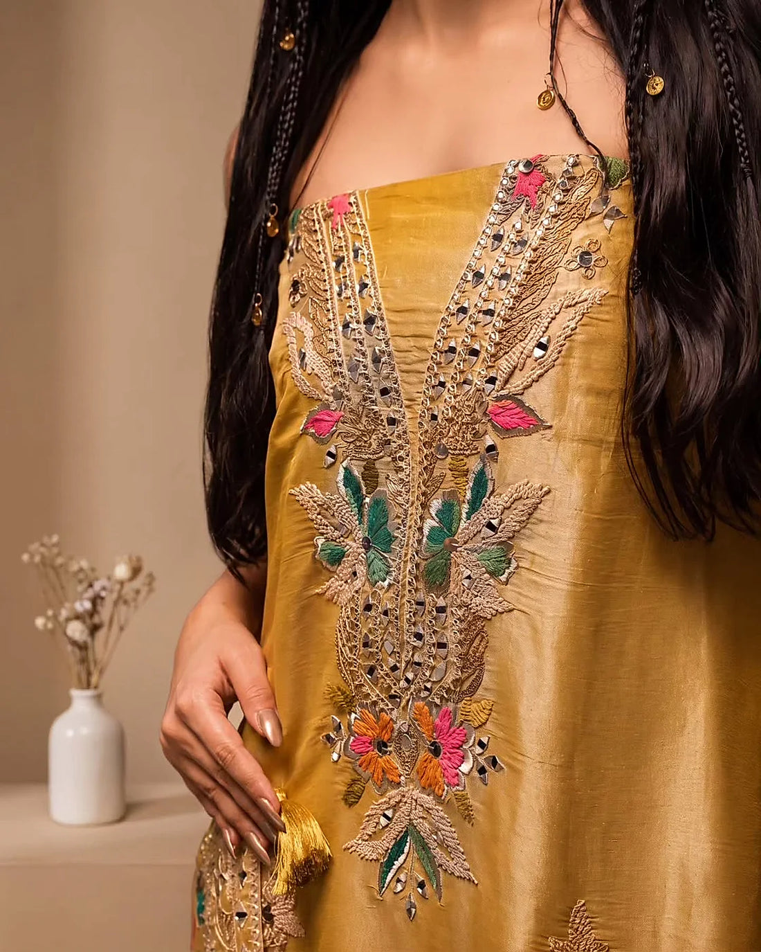 Mustard Floral Embellished Suit Design