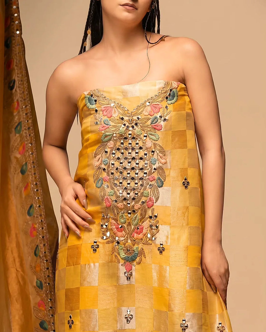 Golden Yellow Check Embellished Suit Design