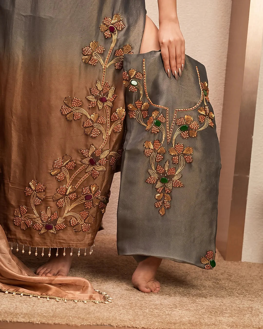 Charcoal to Bronze Floral Suit Design