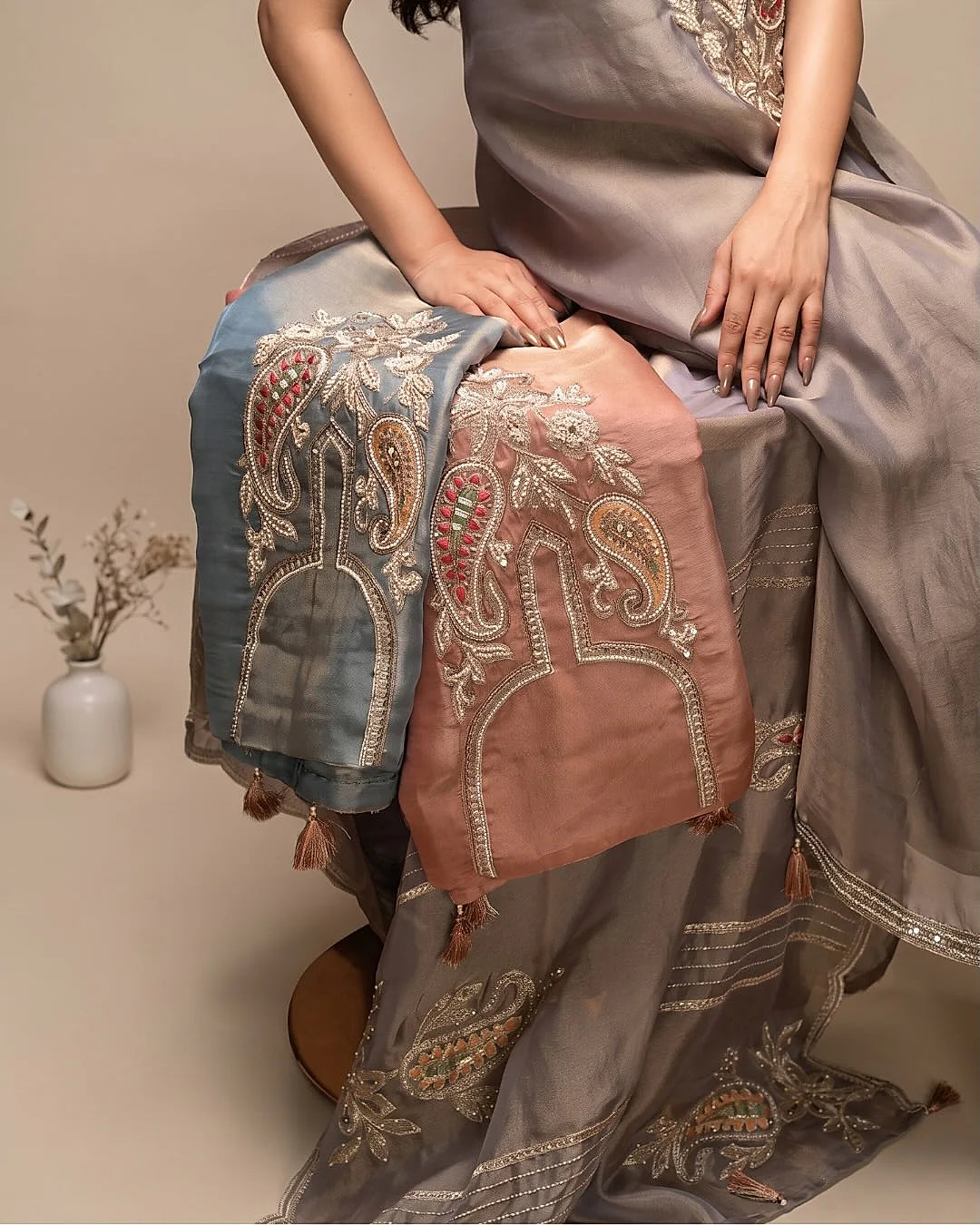 Taupe Paisley Motif Suit Design