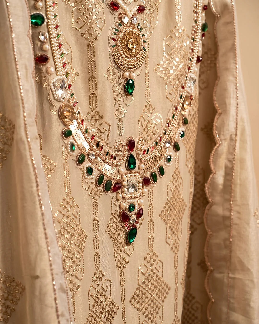 Ivory Jewel-Tone Neckline Suit Design