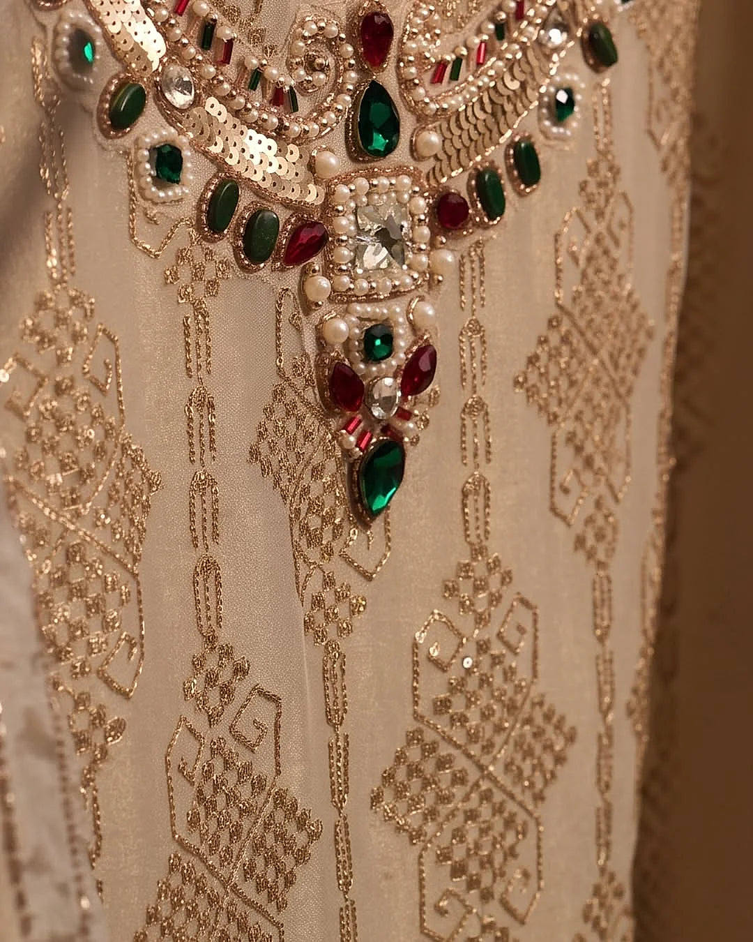 Ivory Jewel-Tone Neckline Suit Design