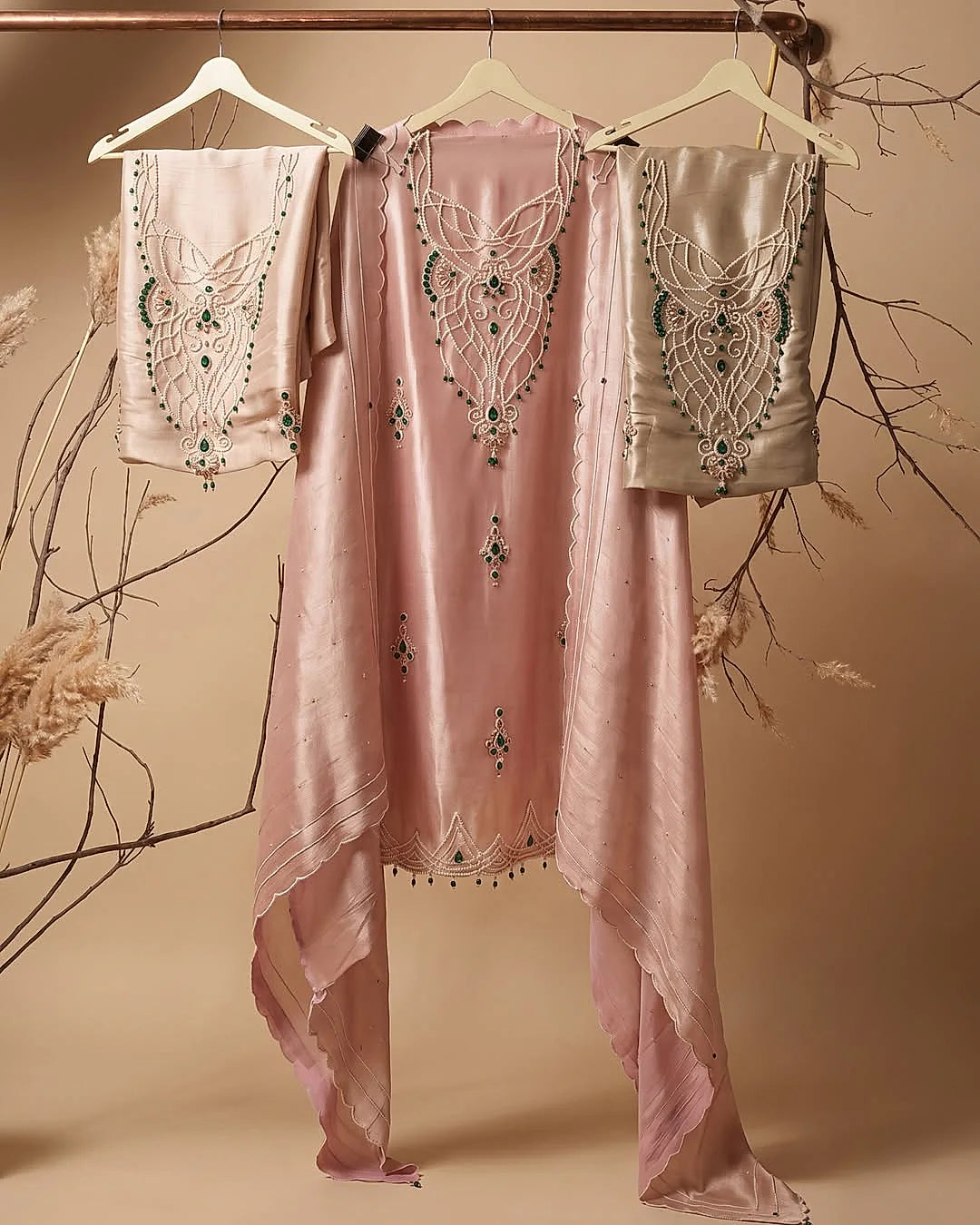 Blush Jewel-Tone Neckline Suit Design
