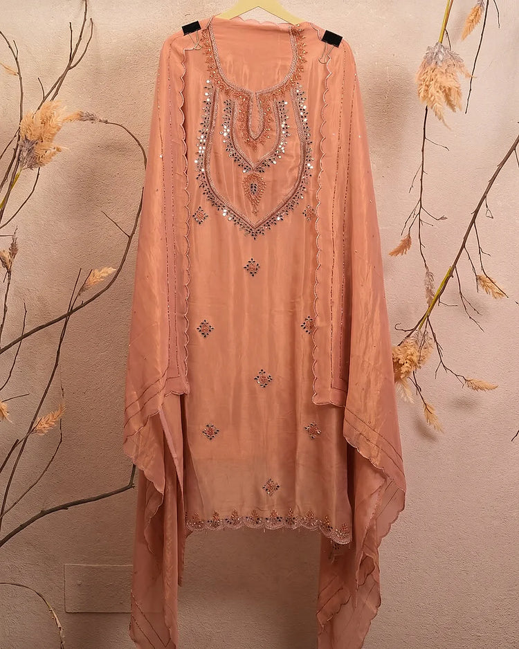 Peach Layered Reflective Neckline Suit Design