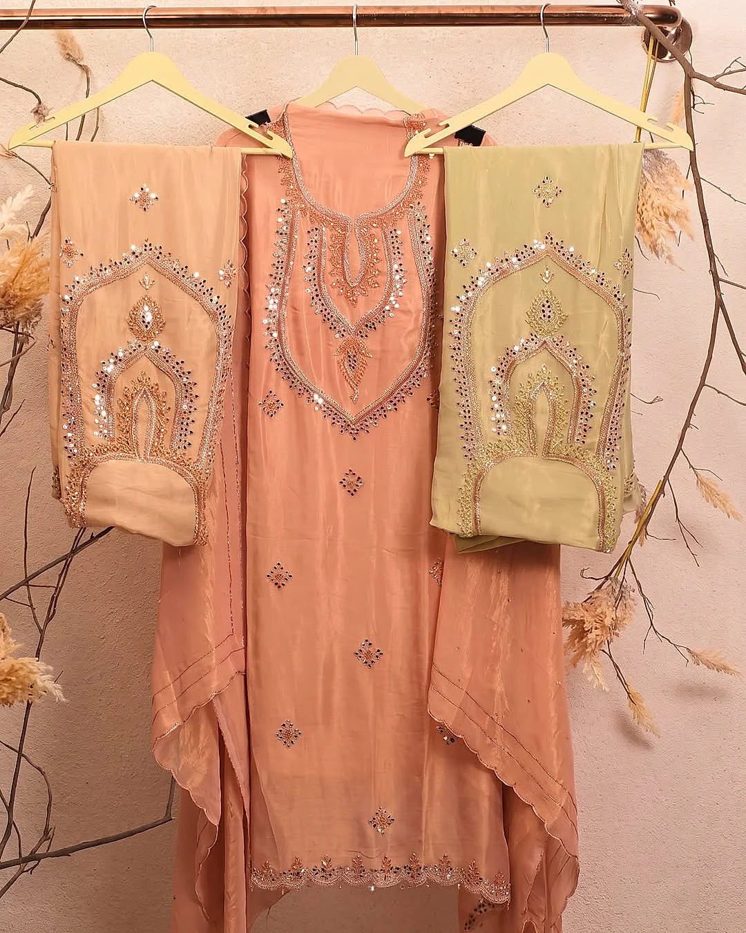 Peach Layered Reflective Neckline Suit Design