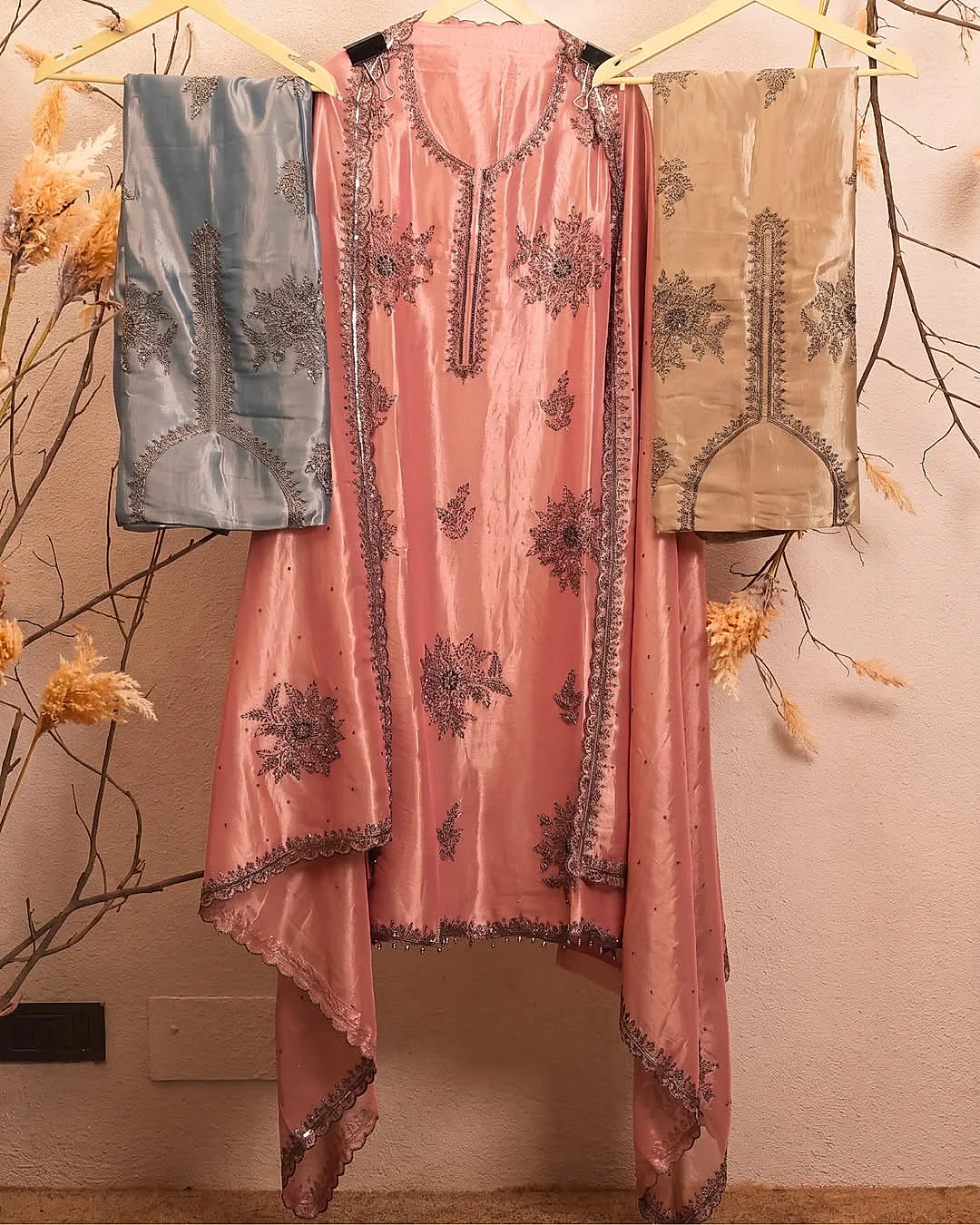Rose Pink Dark Floral Motif Suit Design