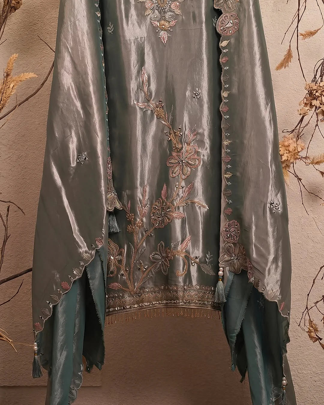 Blue Grey Floral V-Neck Suit Design