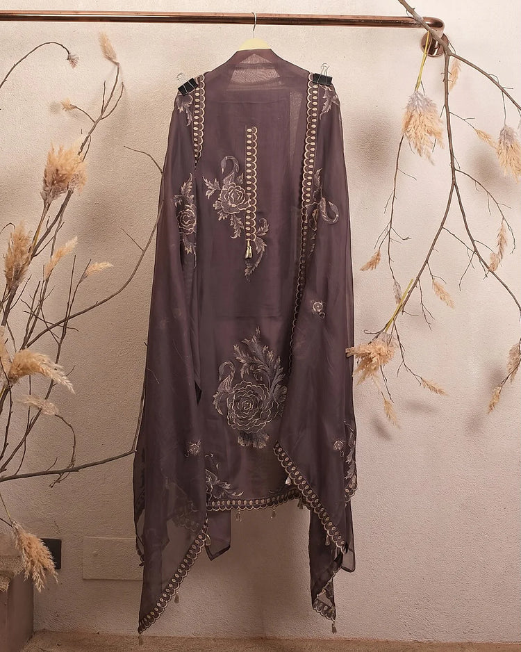 Plum Pale Floral Border Suit Design
