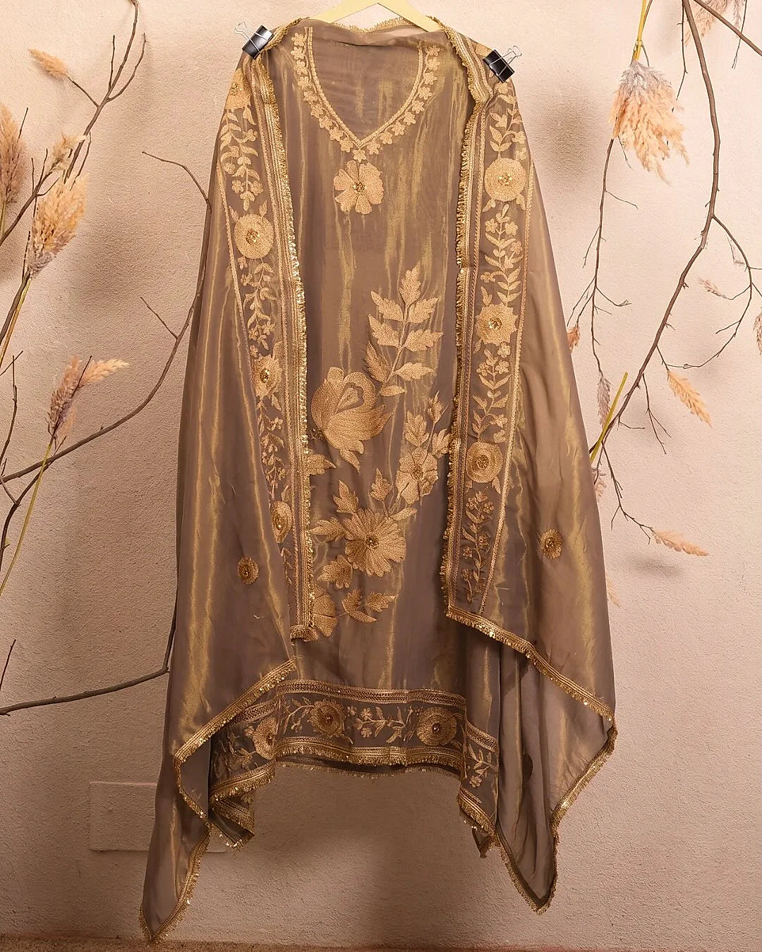 Taupe Gold Botanical Border Suit Design