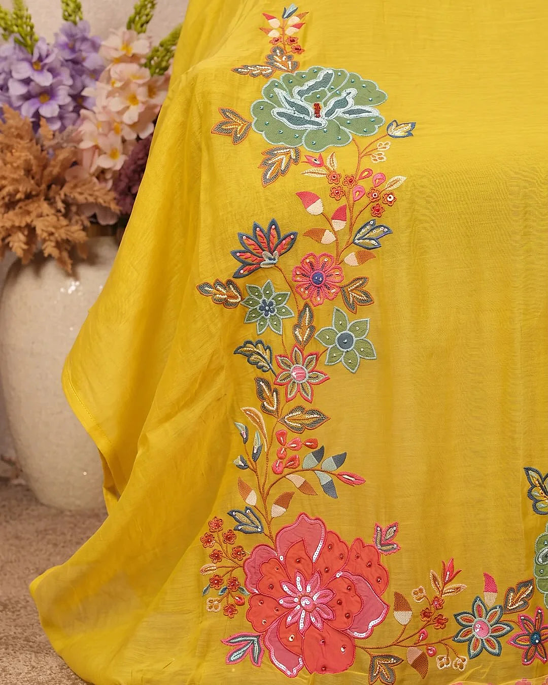 Yellow Multicolour Floral Neckline Suit Design