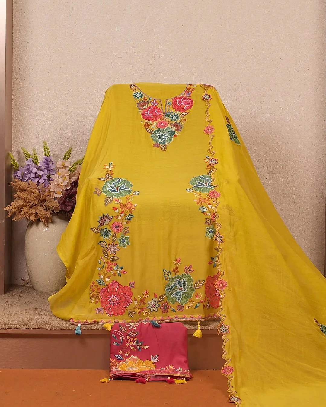 Yellow Multicolour Floral Neckline Suit Design