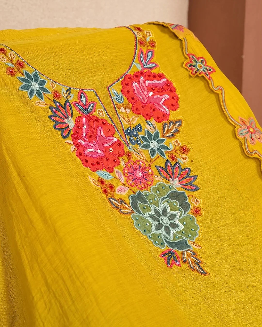 Yellow Multicolour Floral Neckline Suit Design
