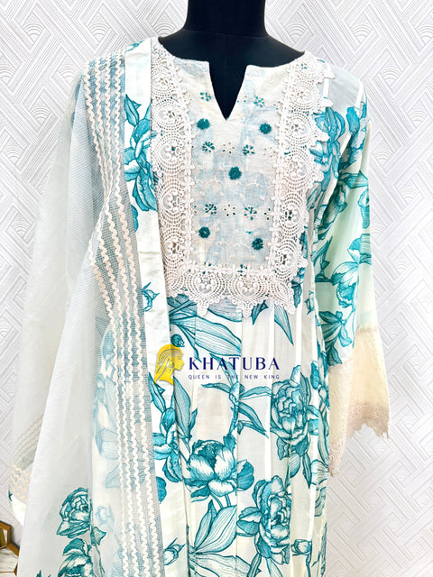 Pretty Flower Pattern Lace Work Cotton Stitched Women Suit