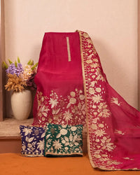 Deep Pink Ivory Floral Border Suit Design