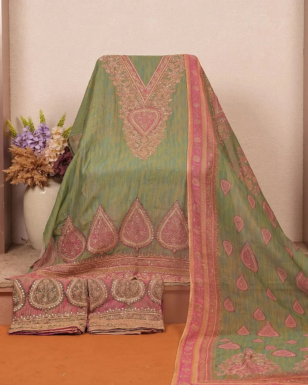 Olive Pink Paisley Border Suit Design