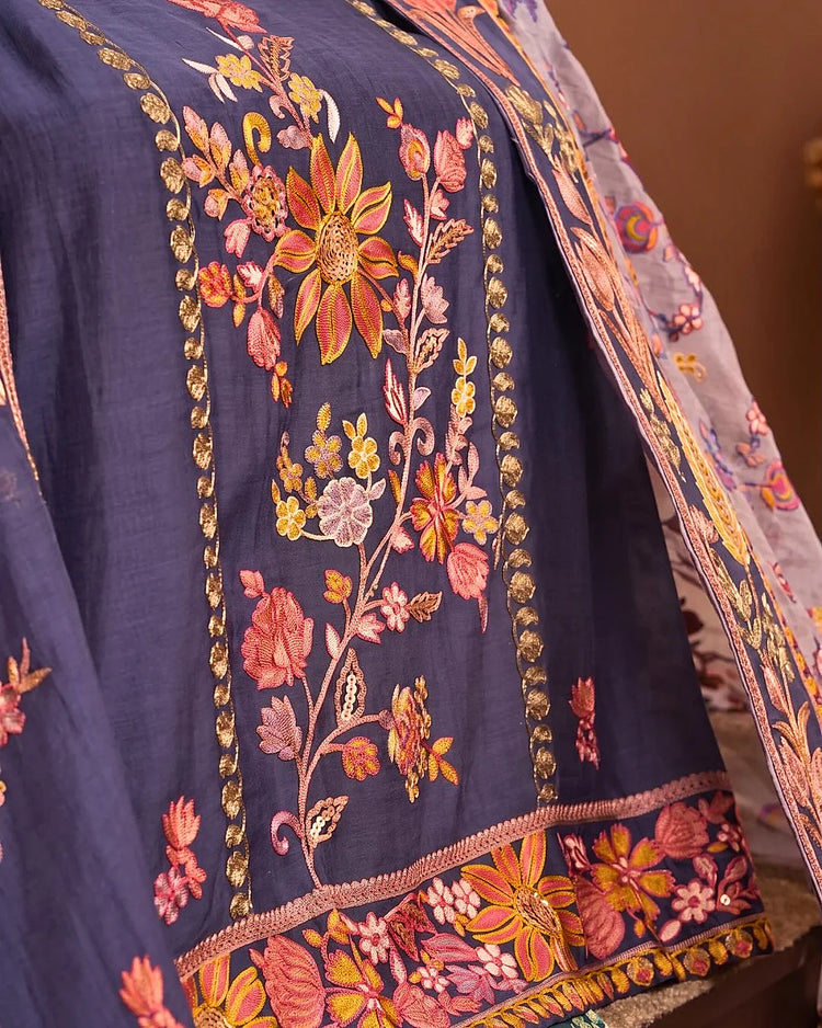 Navy Multicolour Floral Panel Suit Design