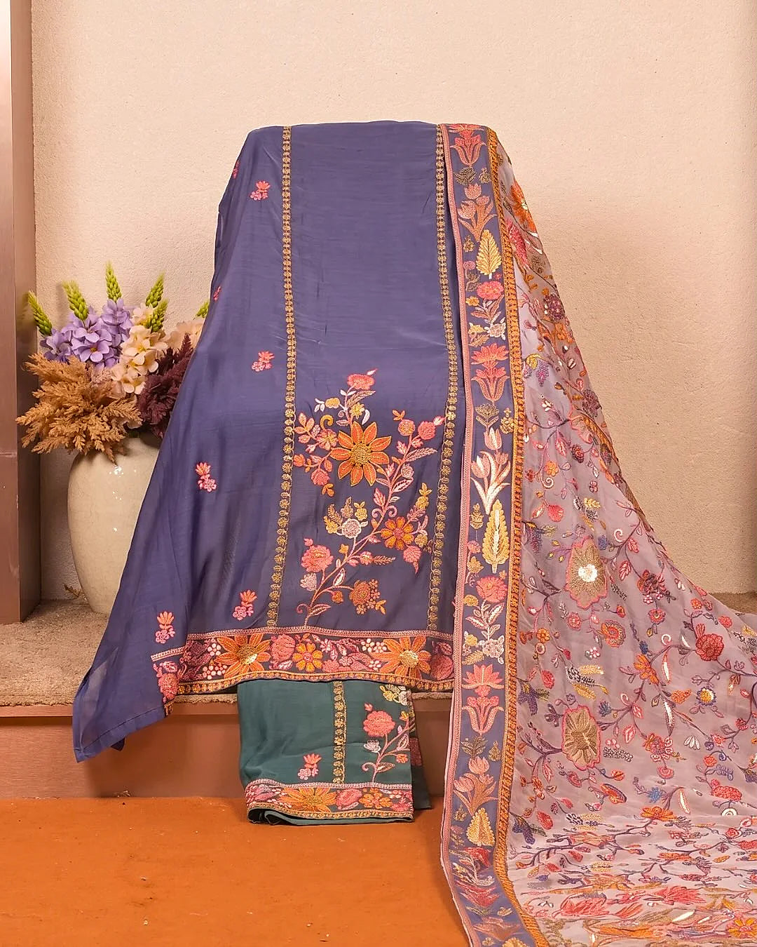 Navy Multicolour Floral Panel Suit Design