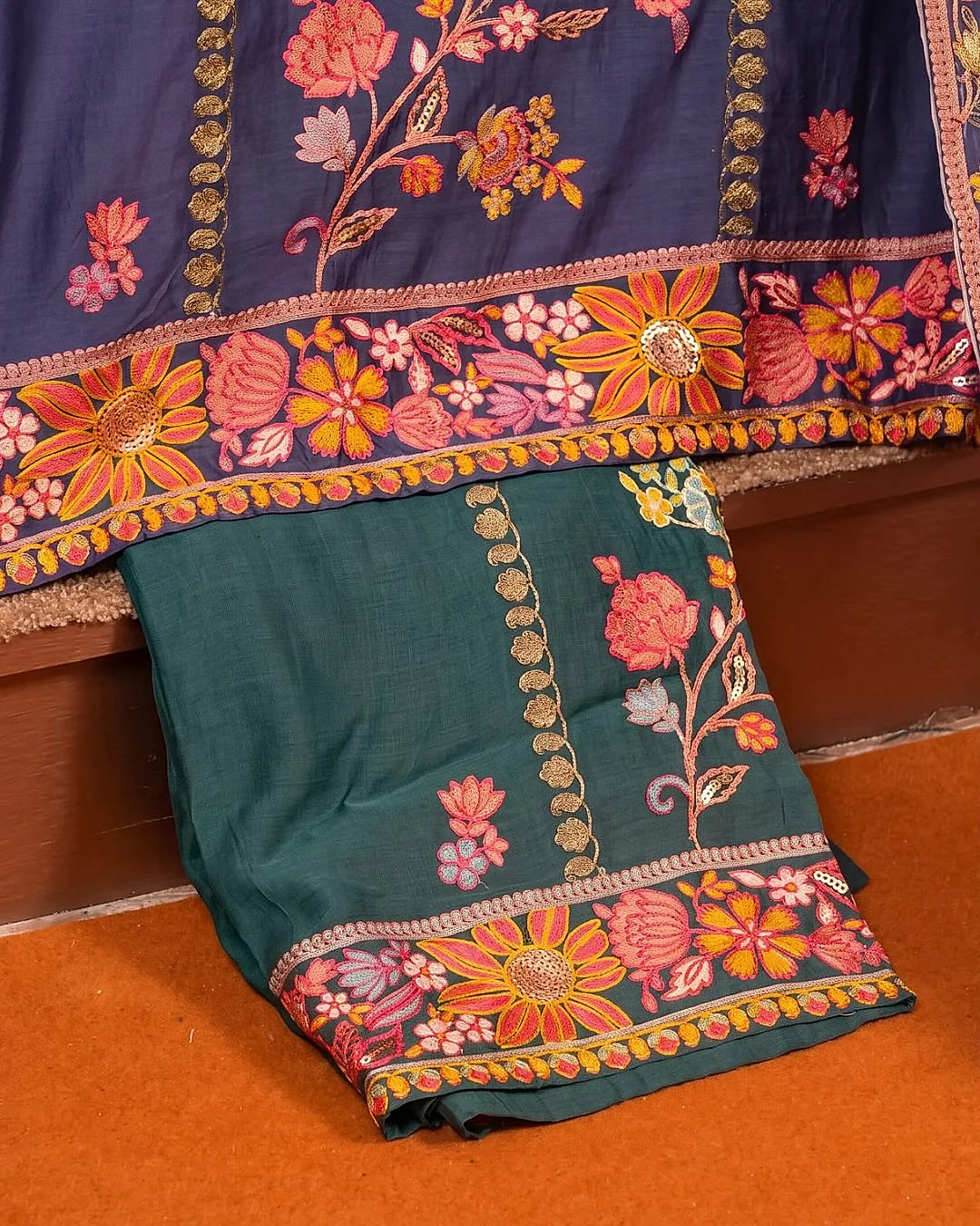 Navy Multicolour Floral Panel Suit Design