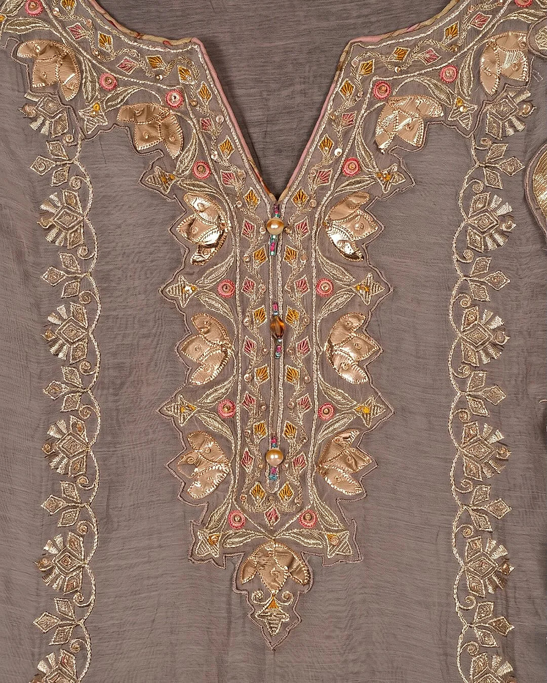 Taupe Metallic Floral Suit Design
