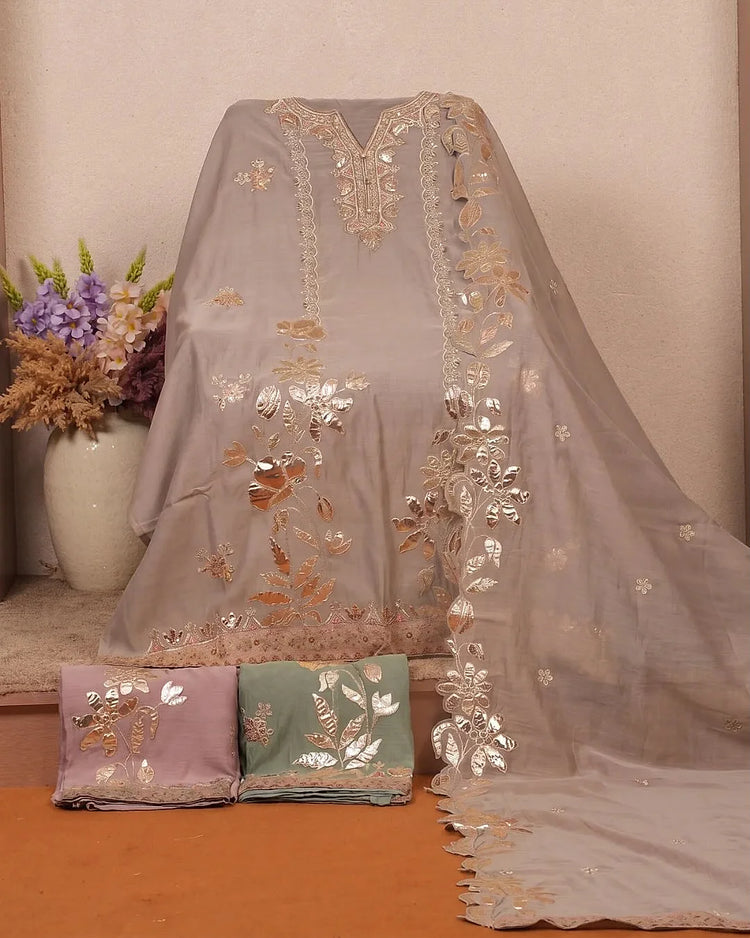Taupe Metallic Floral Suit Design