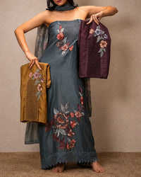 Slate Blue Floral Neckline Suit Design
