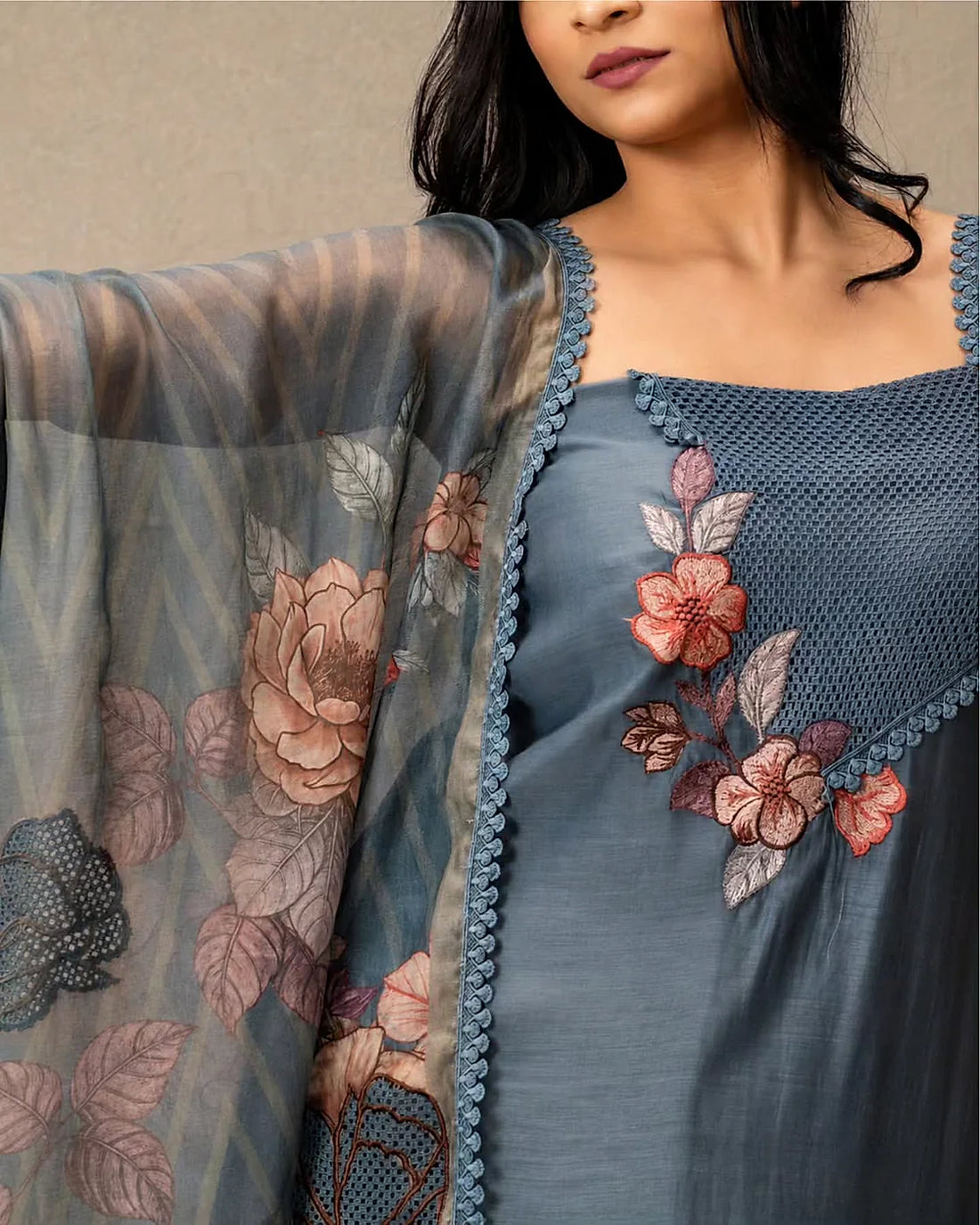 Slate Blue Floral Neckline Suit Design