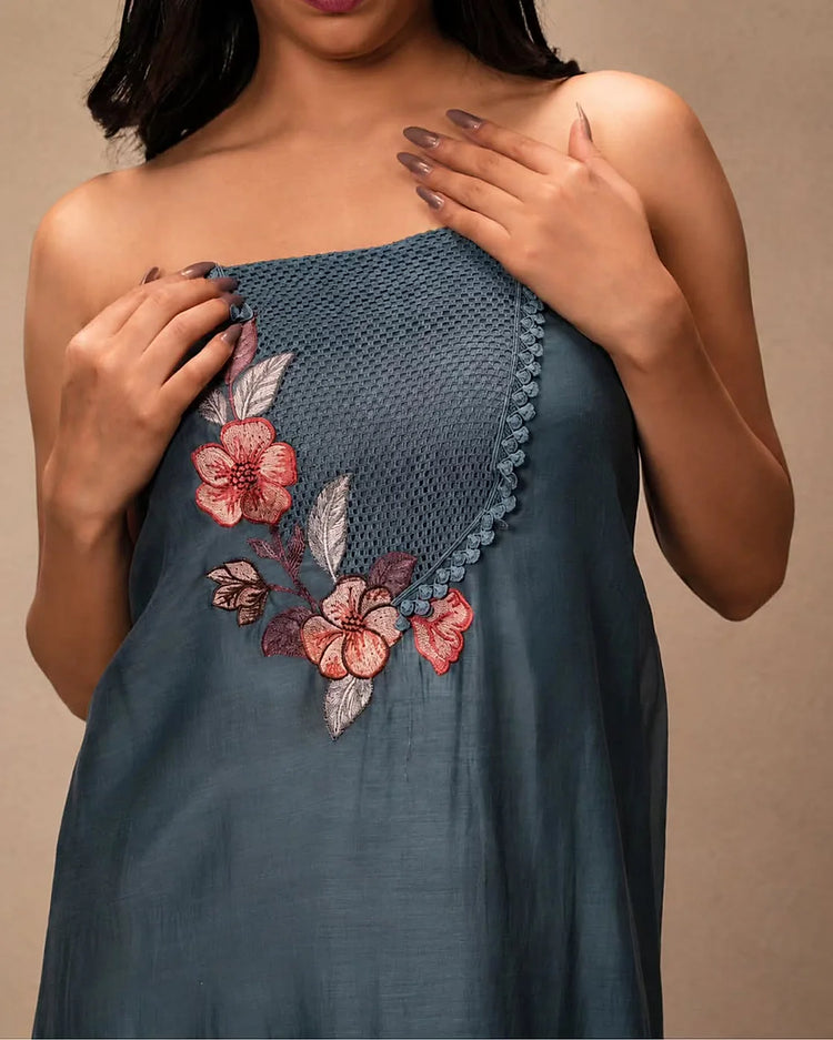 Slate Blue Floral Neckline Suit Design