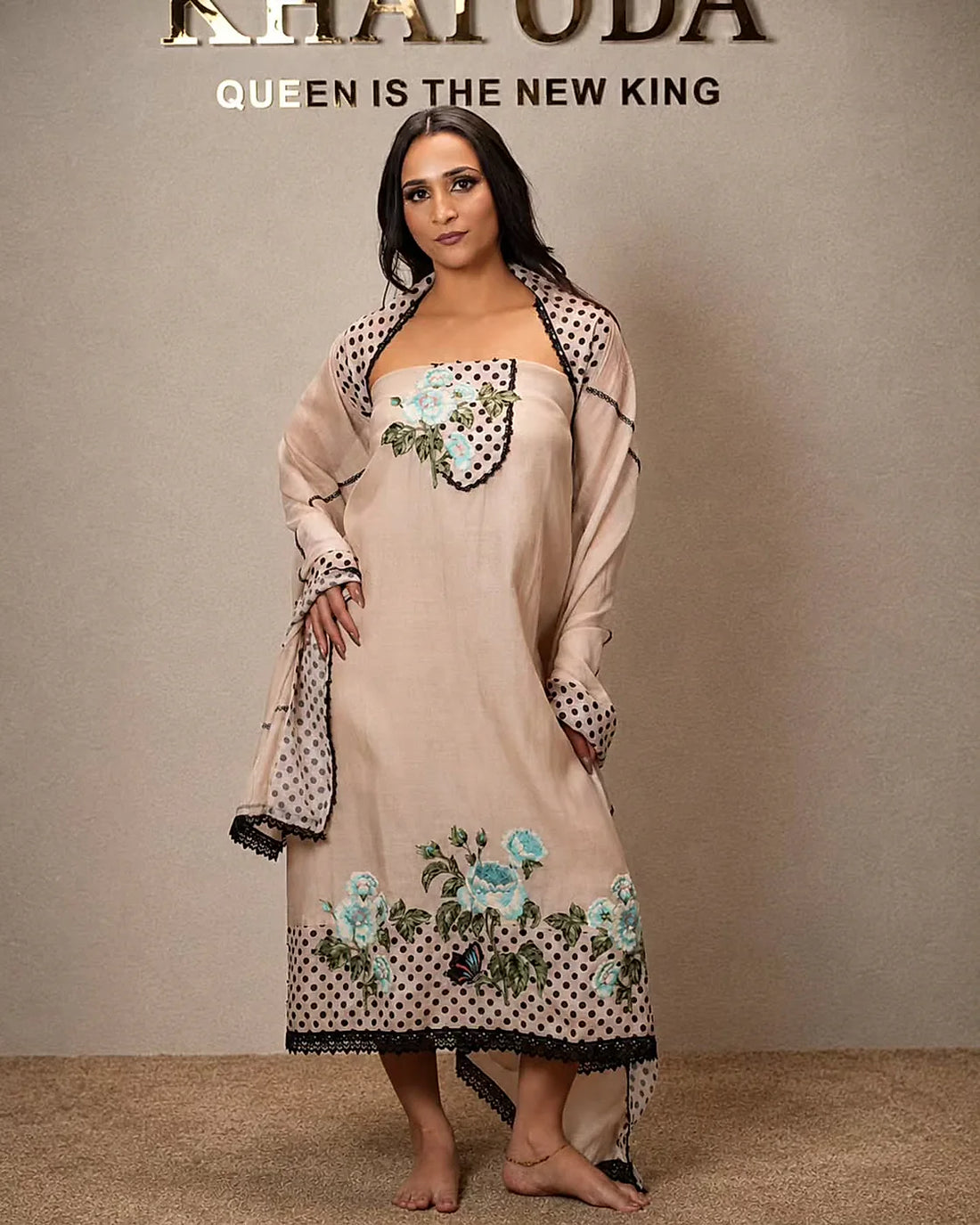 Ivory and Black Dotted Floral Suit Design