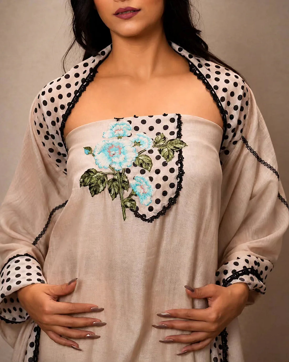 Ivory and Black Dotted Floral Suit Design