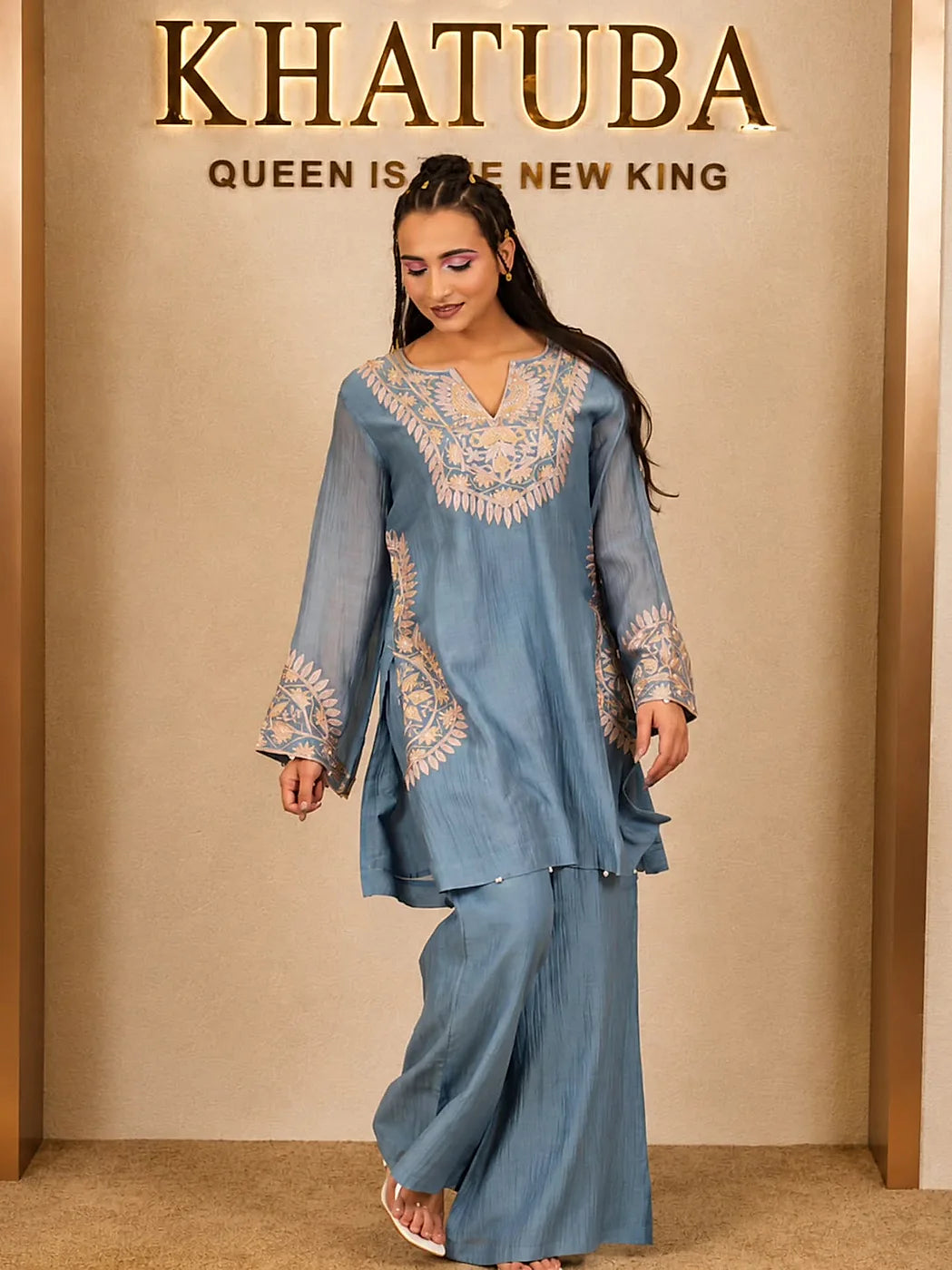 Powder Blue Embroidered Palazzo Set