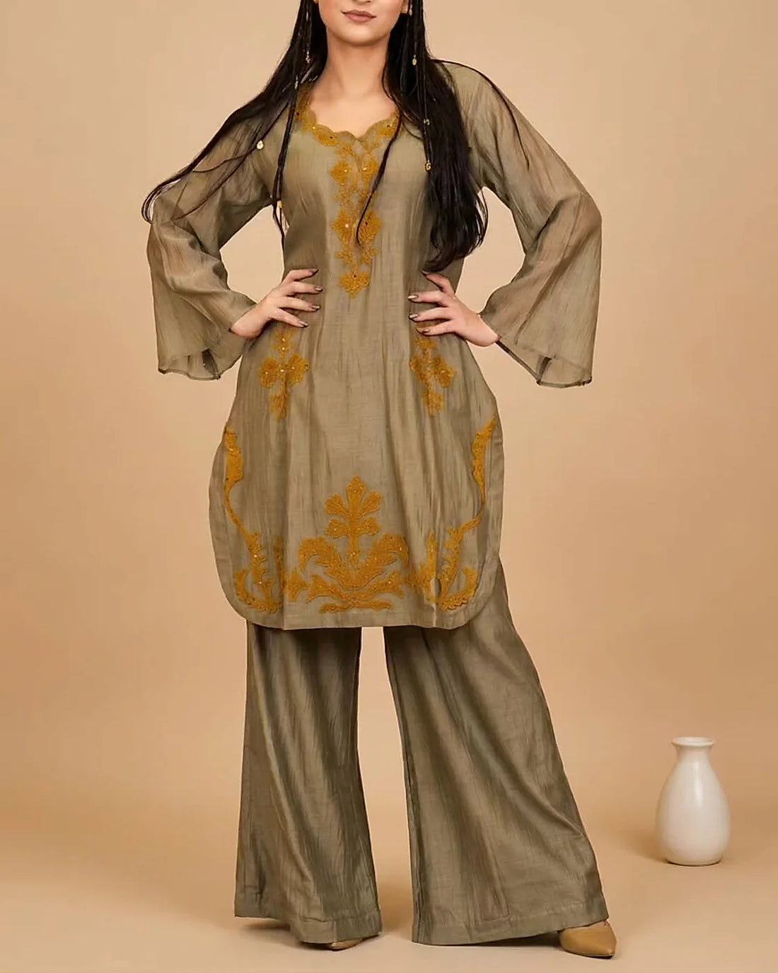 Olive Mustard Botanical Palazzo Set