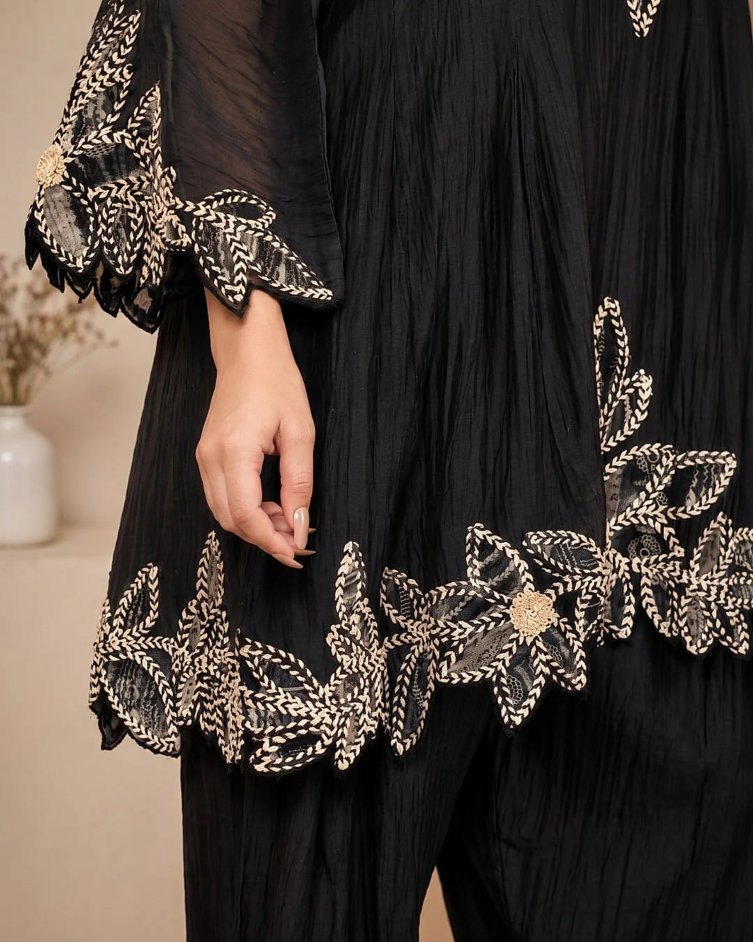 Black Ornamental Embroidered Palazzo Set