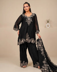 Black Ornamental Embroidered Palazzo Set
