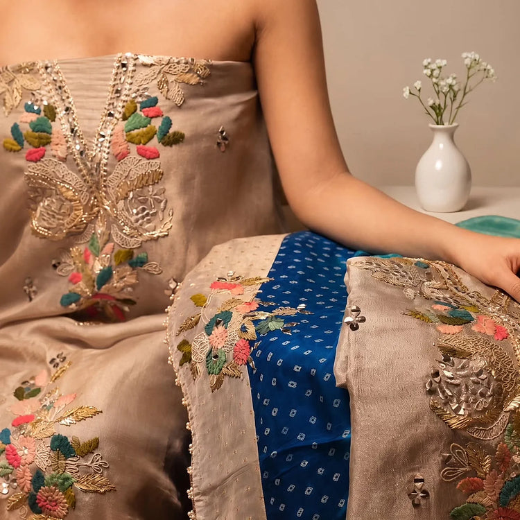 Taupe Bird and Floral Suit Design