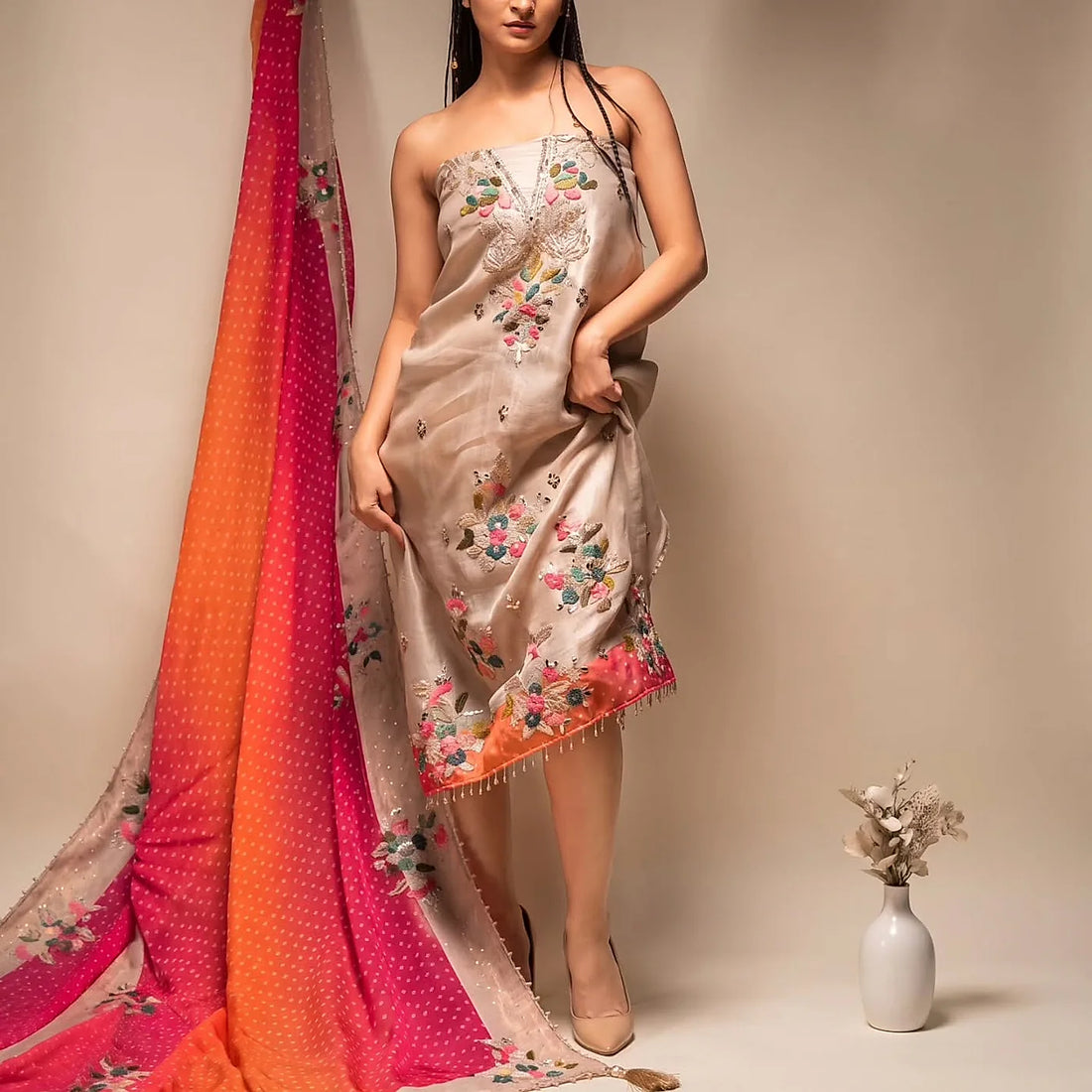 Taupe Bird and Floral Suit Design