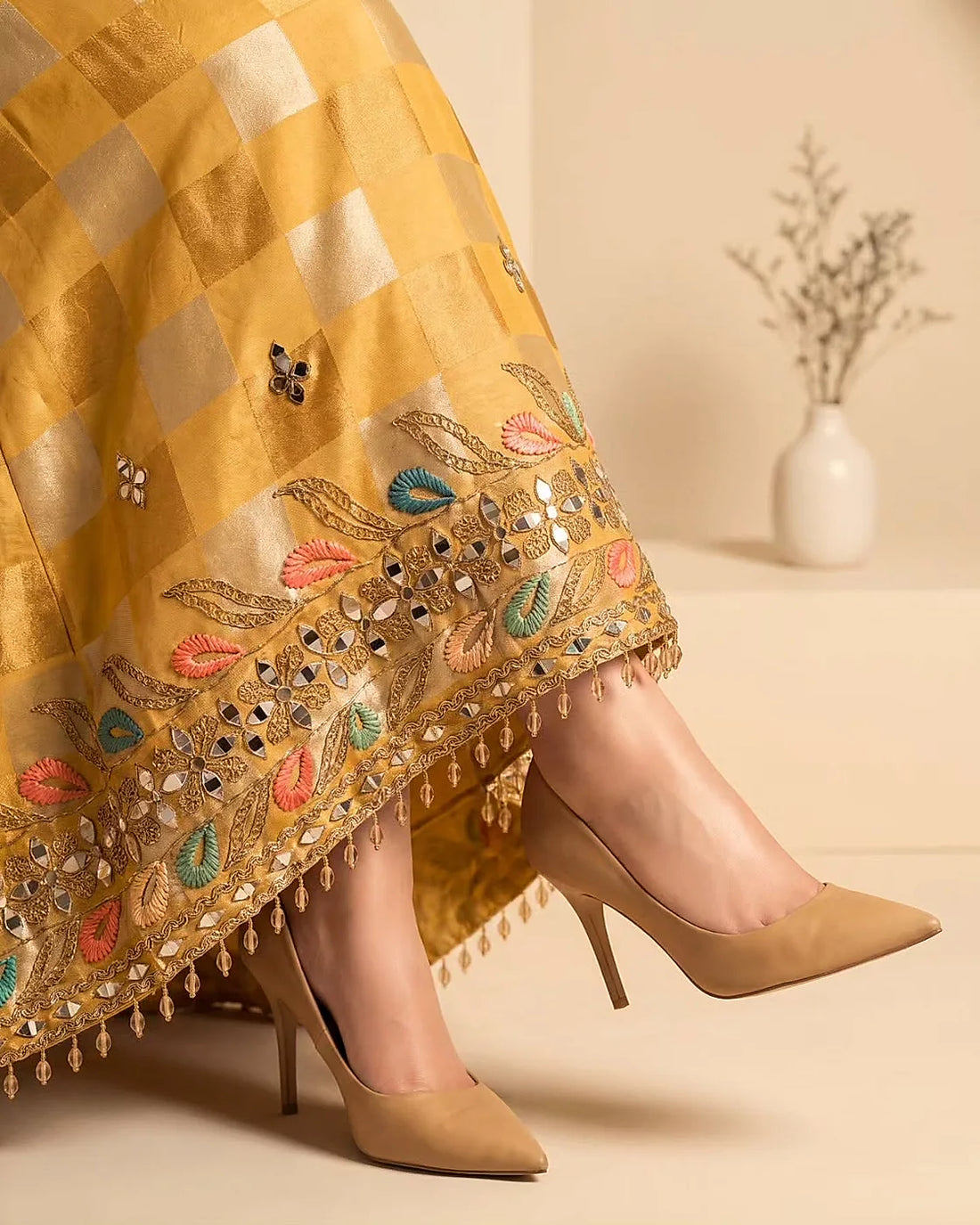 Golden Yellow Check Embellished Suit Design