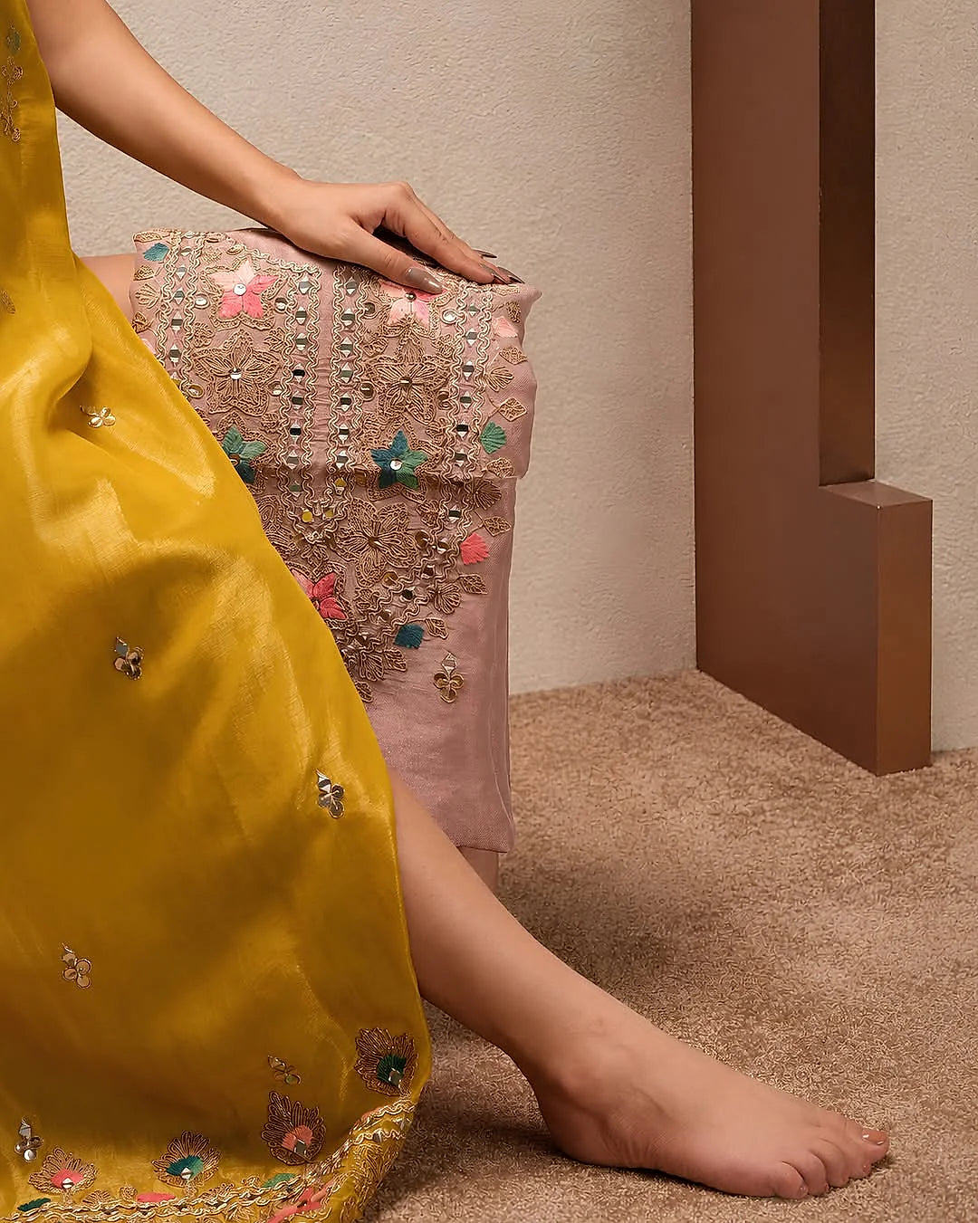 Mustard Multicolour Embellished Suit Design