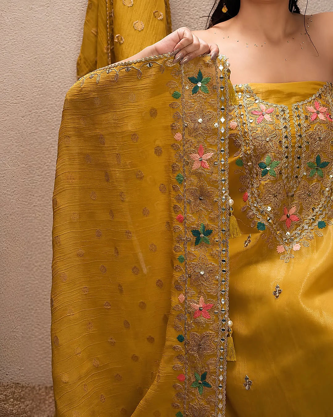Mustard Multicolour Embellished Suit Design
