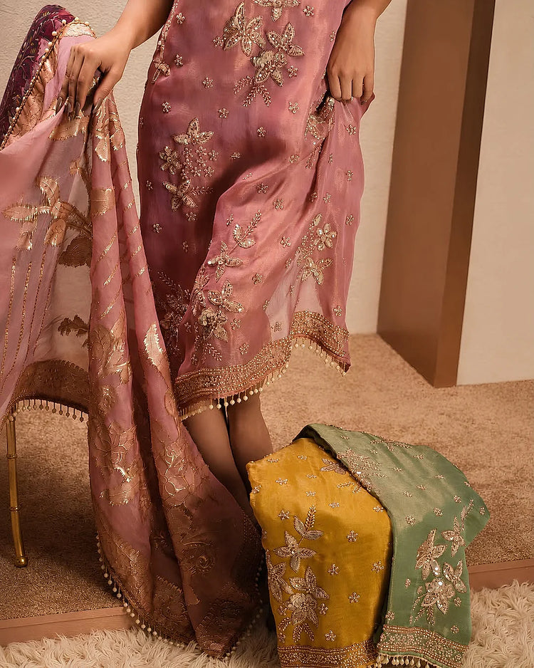 Rose Pink Gold Floral Motif Suit Design