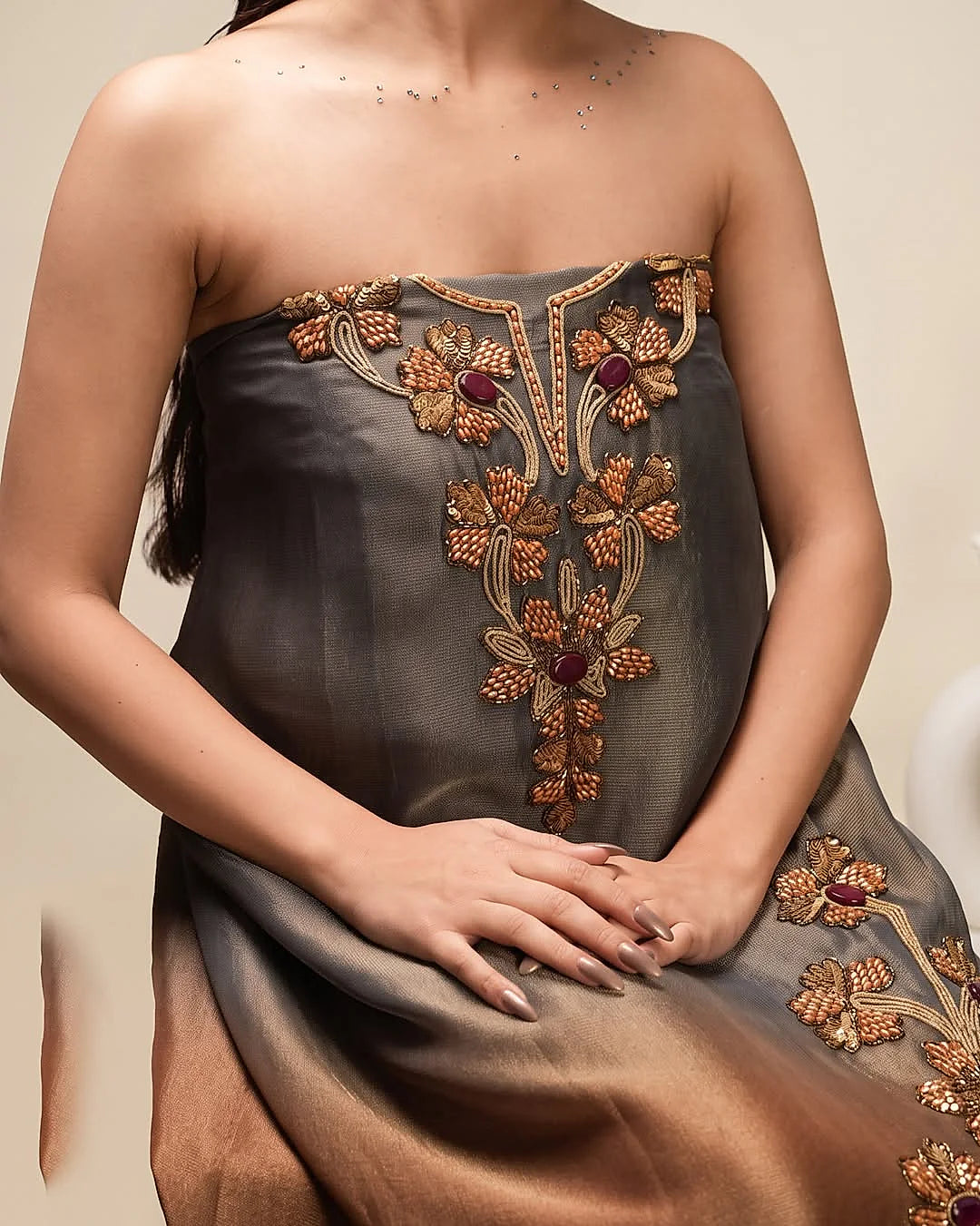 Charcoal to Bronze Floral Suit Design