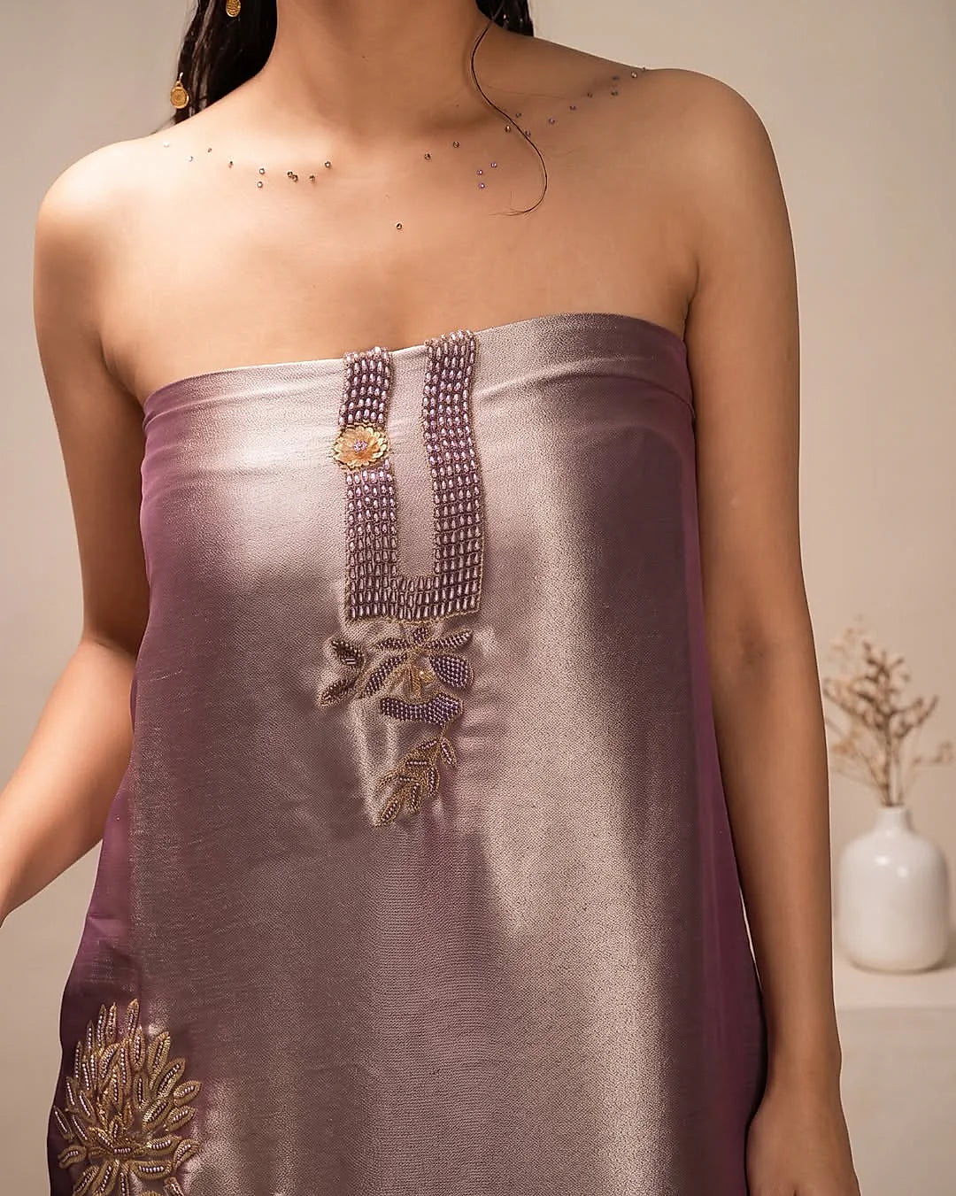 Mauve Gold Floral Border Suit Design