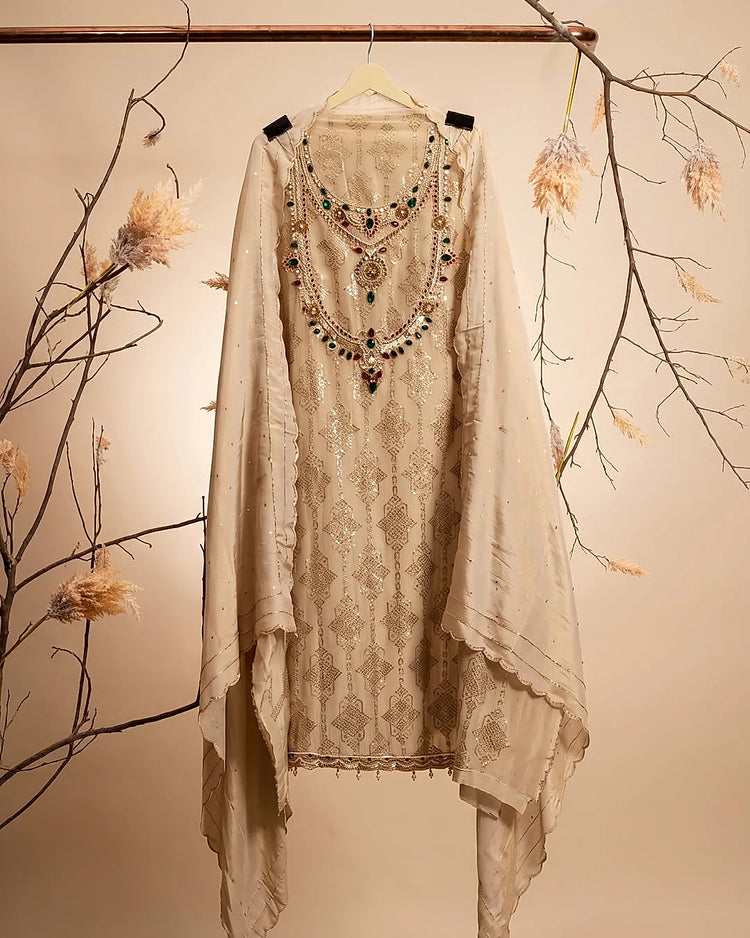 Ivory Jewel-Tone Neckline Suit Design