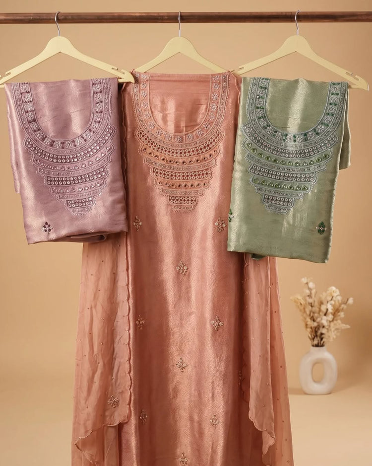Peach Ornamental Neckline Suit Design