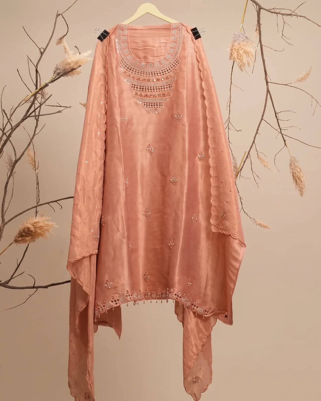 Peach Ornamental Neckline Suit Design