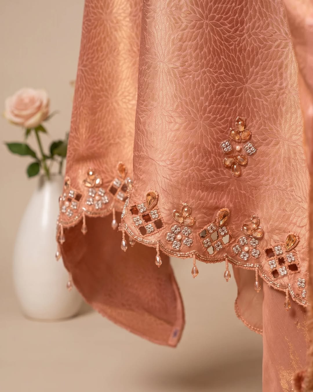 Peach Ornamental Neckline Suit Design