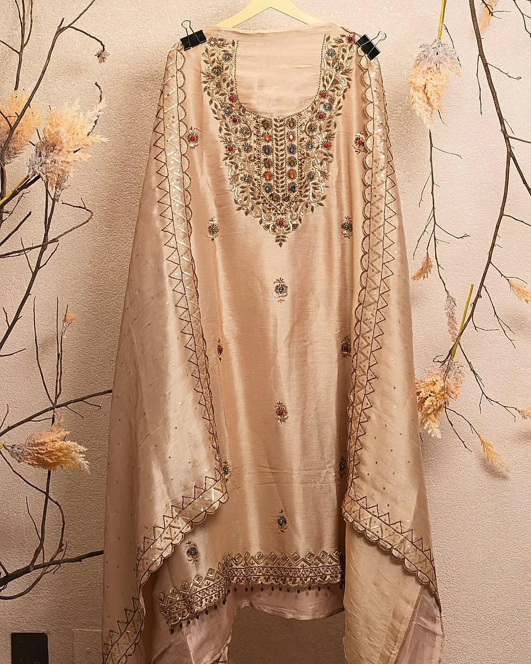 Champagne Multicolour Embellished Suit Design